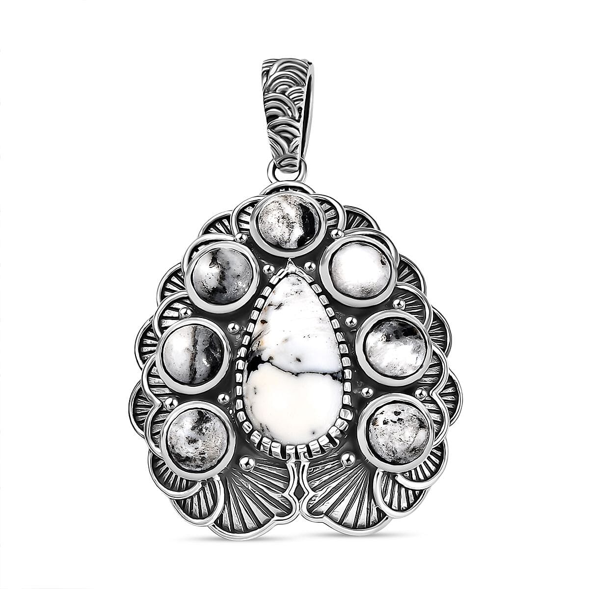 D'Joy Artisan Crafted White Buffalo 9.20 ctw Floral Pendant without Chain in Sterling Silver