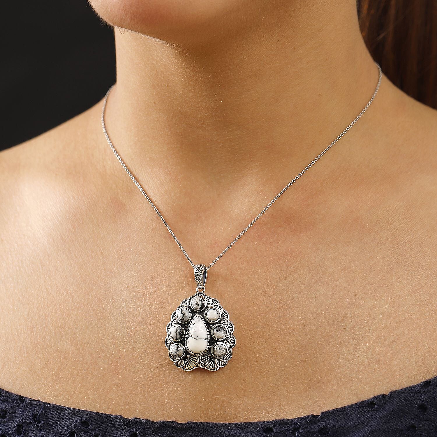 D'Joy Artisan Crafted White Buffalo 9.20 ctw Floral Pendant without Chain in Sterling Silver
