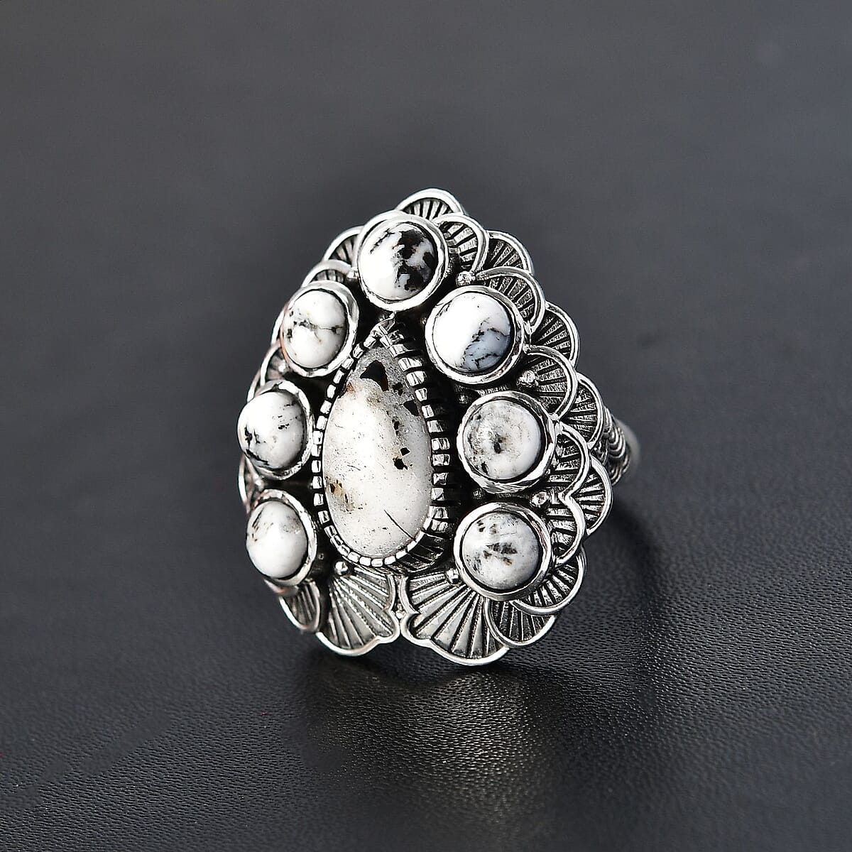 D'Joy Indian Artisan Crafted White Buffalo 9.20 ctw Floral Ring in Sterling Silver (Size 7.0) image number 1