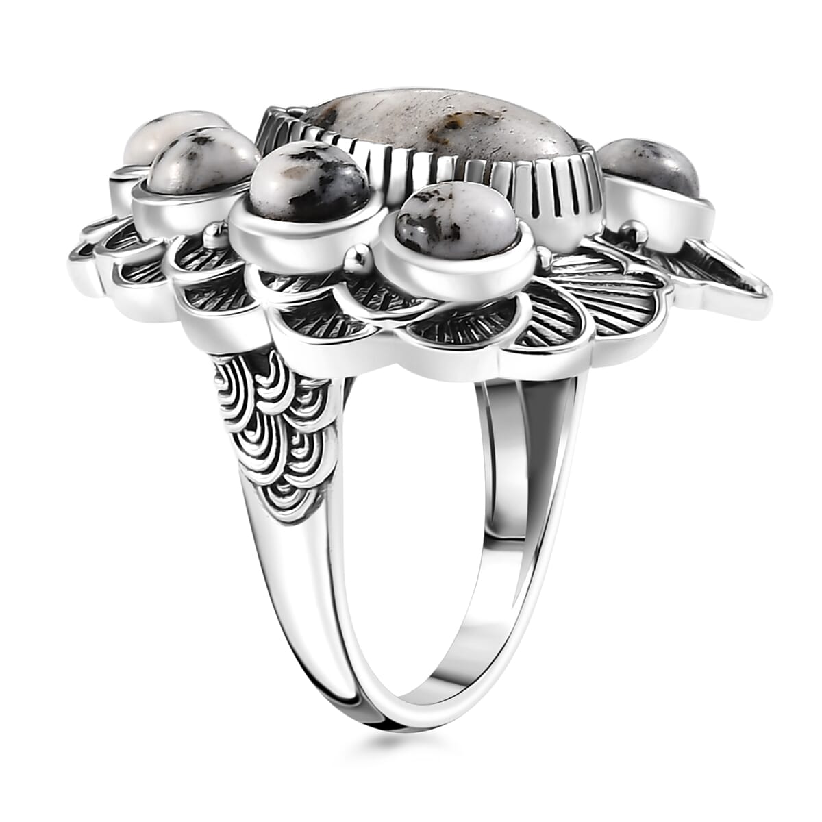 D'Joy Indian Artisan Crafted White Buffalo 9.20 ctw Floral Ring in Sterling Silver (Size 8.0) image number 3