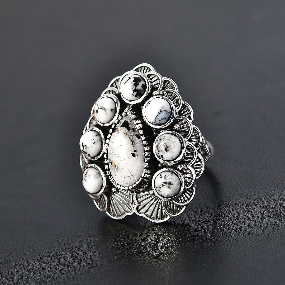 D'Joy Indian Artisan Crafted White Buffalo 9.20 ctw Floral Ring in Sterling Silver (Size 9.0) image number 1