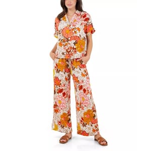 Fever Orange Floral Satin Like Top with Collar - M