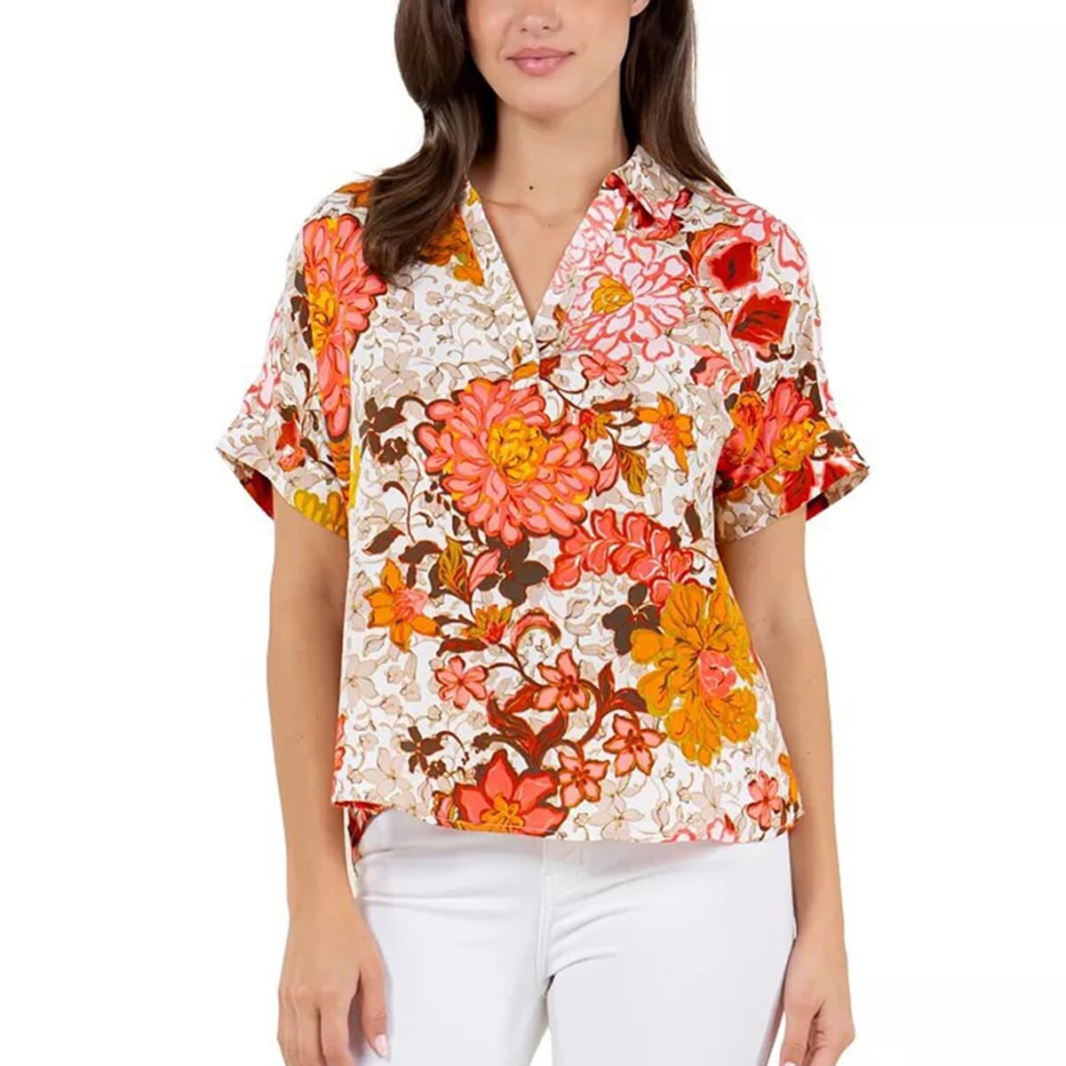 Fever Orange Floral Satin Like Top with Collar - M image number 4
