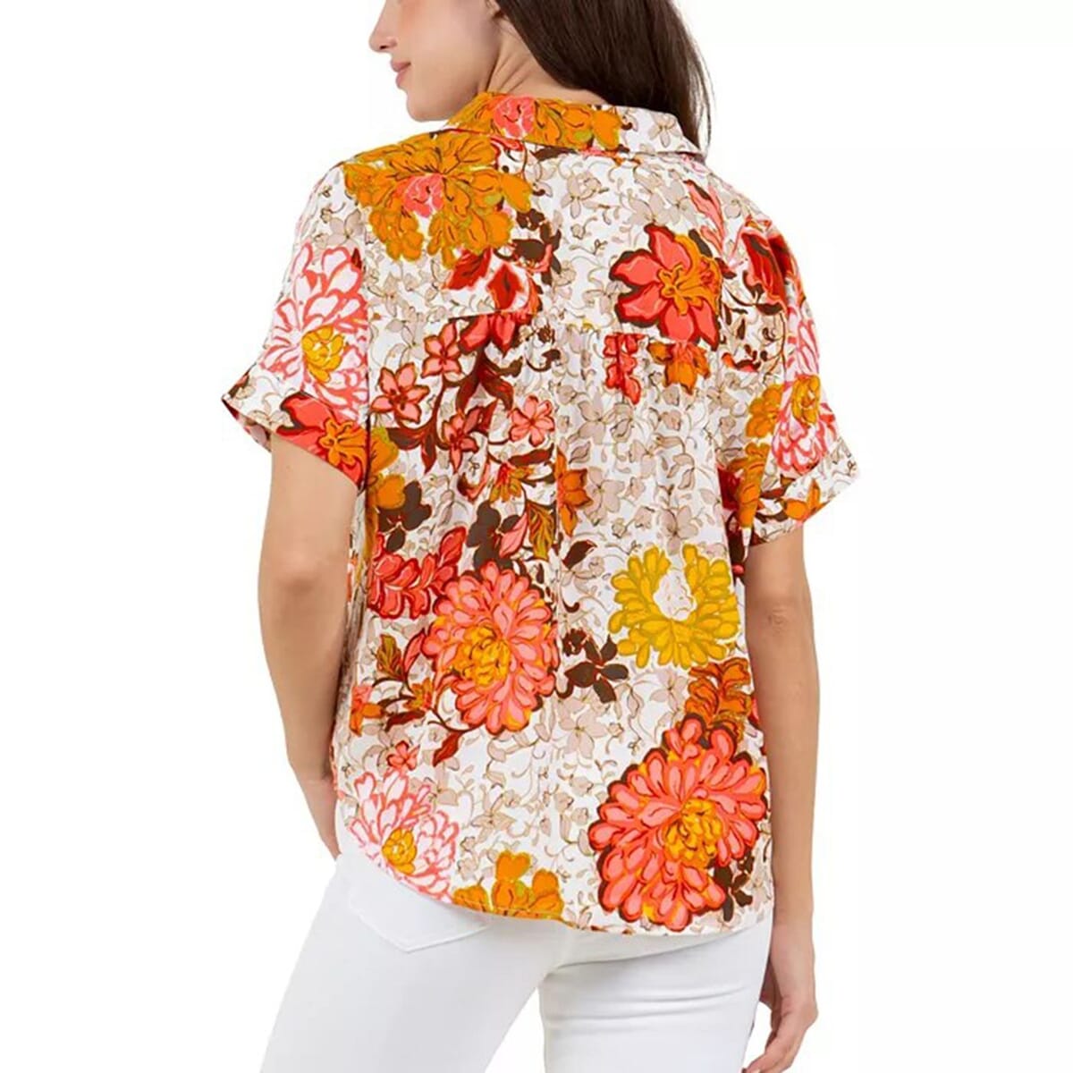 Fever Orange Floral Satin Like Top with Collar - L image number 1