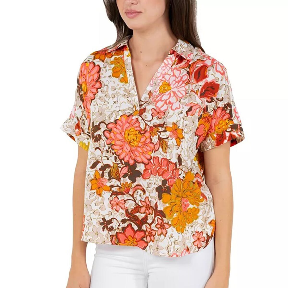 Fever Orange Floral Satin Like Top with Collar - L image number 2