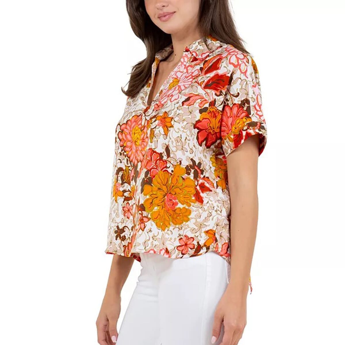 Fever Orange Floral Satin Like Top with Collar - L image number 3