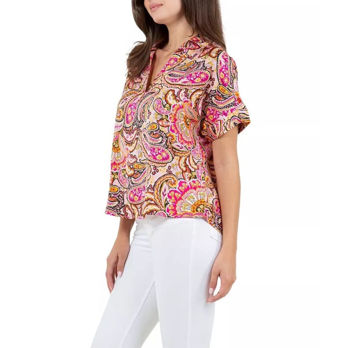 Fever Pink Paisley Satin Like Top with Collar - S  image number 2