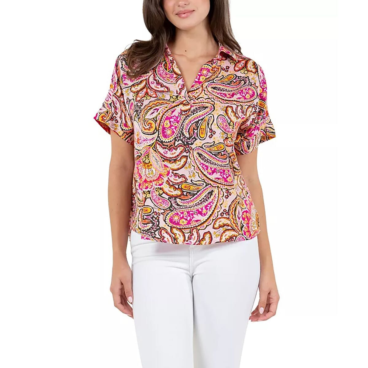 Fever Pink Paisley Satin Like Top with Collar - M  image number 0