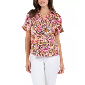 Fever Pink Paisley Satin Like Top with Collar - M 