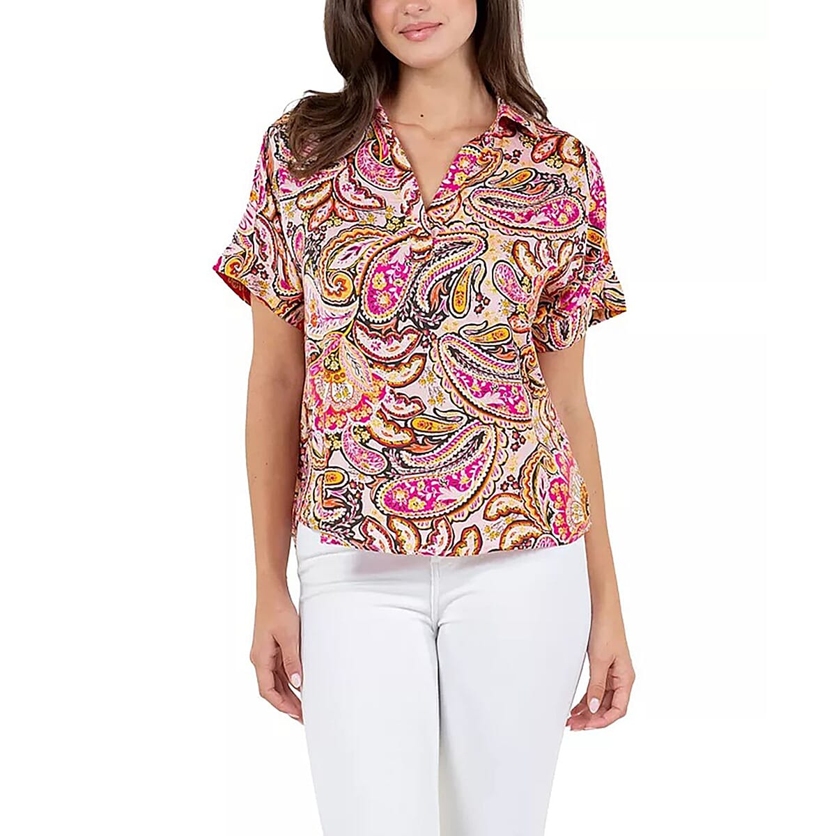 Fever Pink Paisley Satin Like Top with Collar - L image number 0
