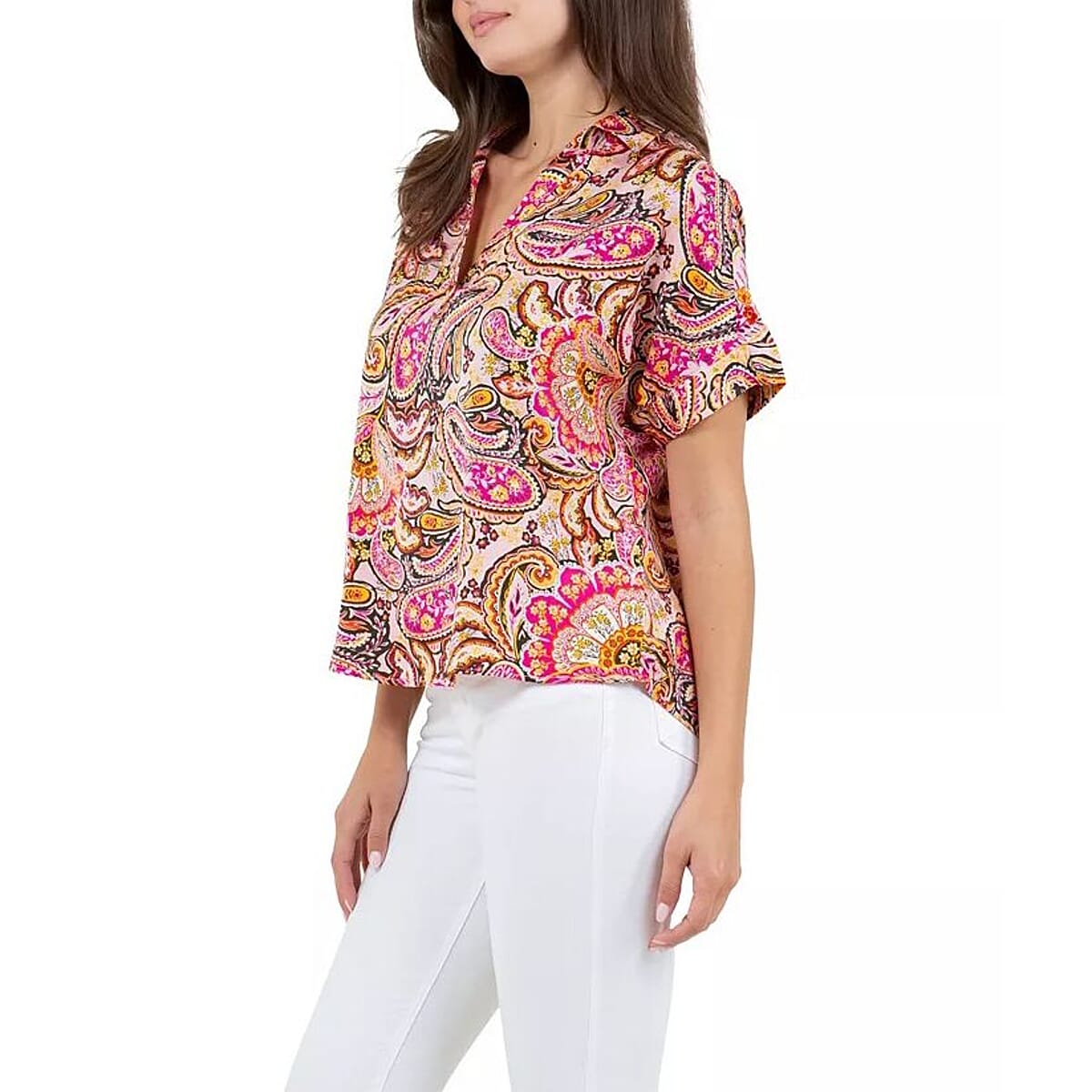 Fever Pink Paisley Satin Like Top with Collar - L image number 2