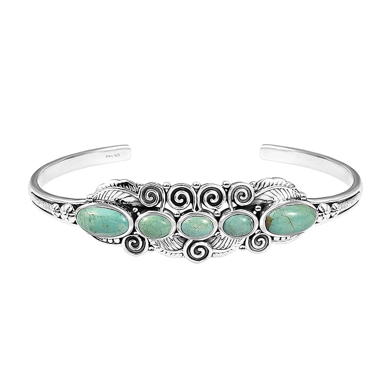 D'Joy Artisan Crafted Royston Turquoise 8.25 ctw Leaf Cuff Bracelet in Sterling Silver (7.25 In)