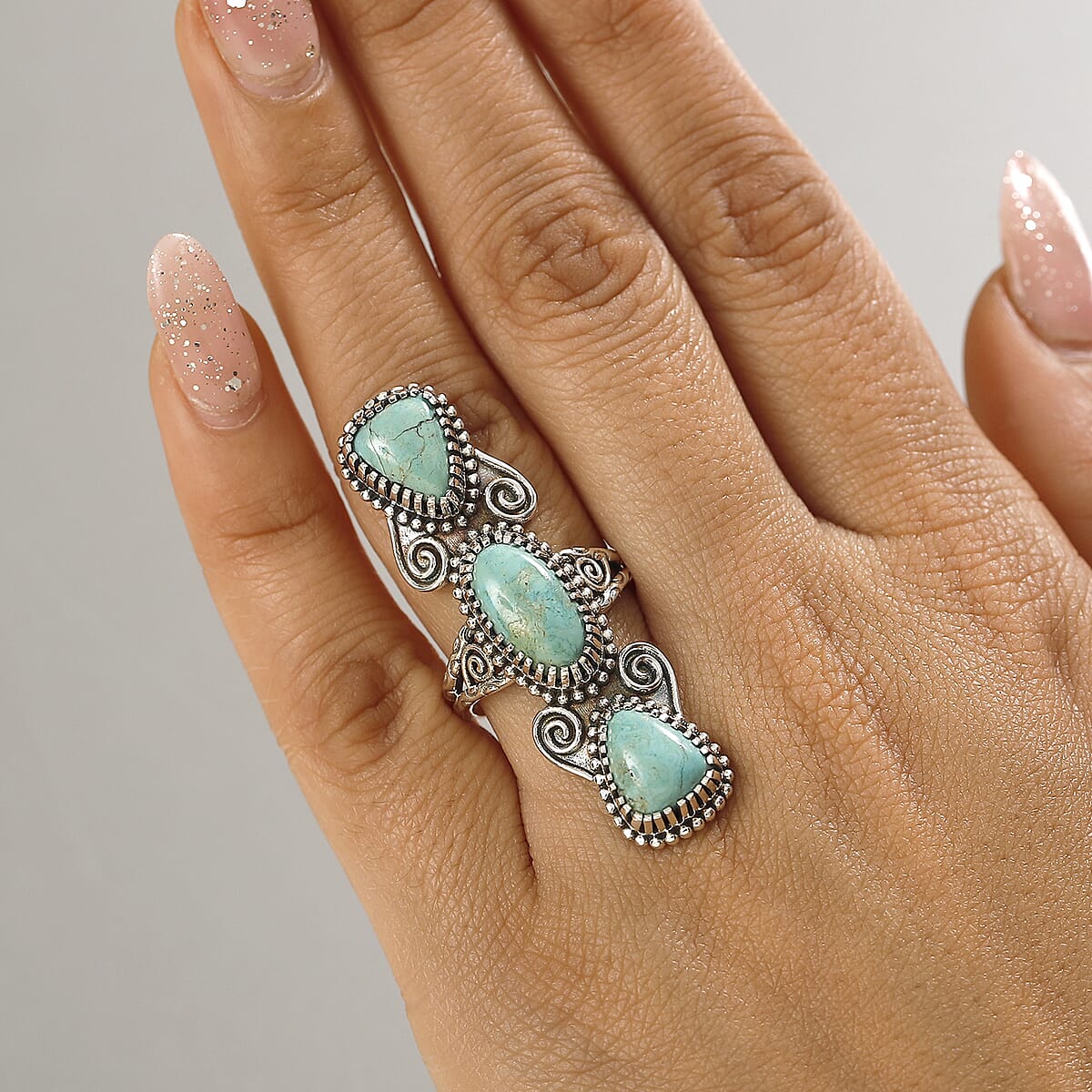 D'Joy Indian Artisan Crafted Royston Turquoise 8.35 ctw Navajo Cascade Ring in Sterling Silver (Size 8.0) image number 2