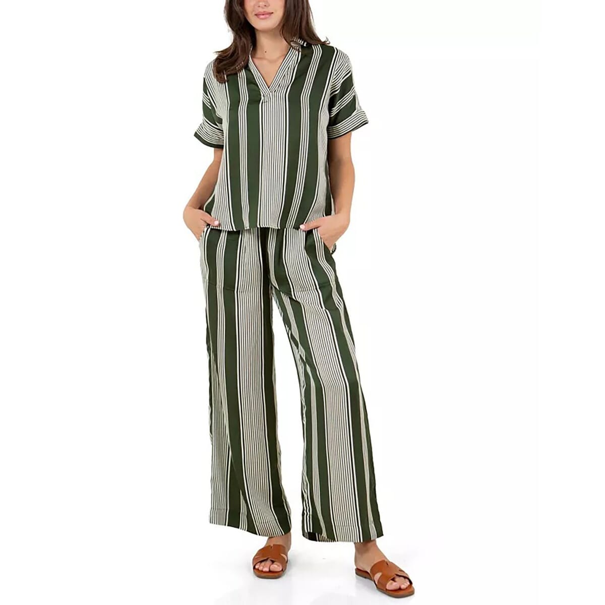 Fever Green Stripe Satin Like Top with Collar - M  image number 0