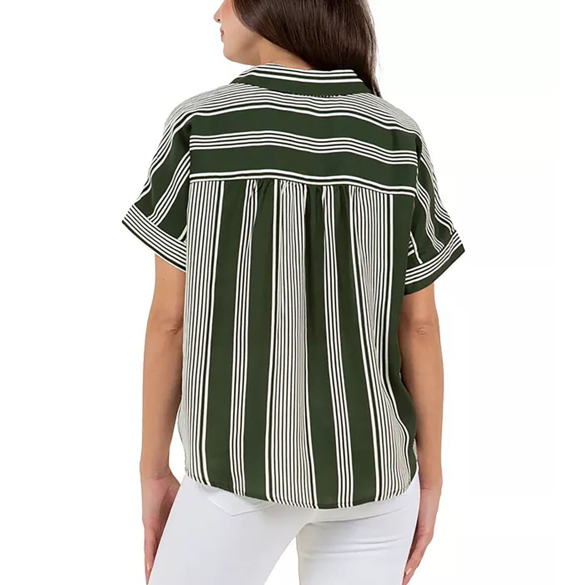 Fever Green Stripe Satin Like Top with Collar - M  image number 1