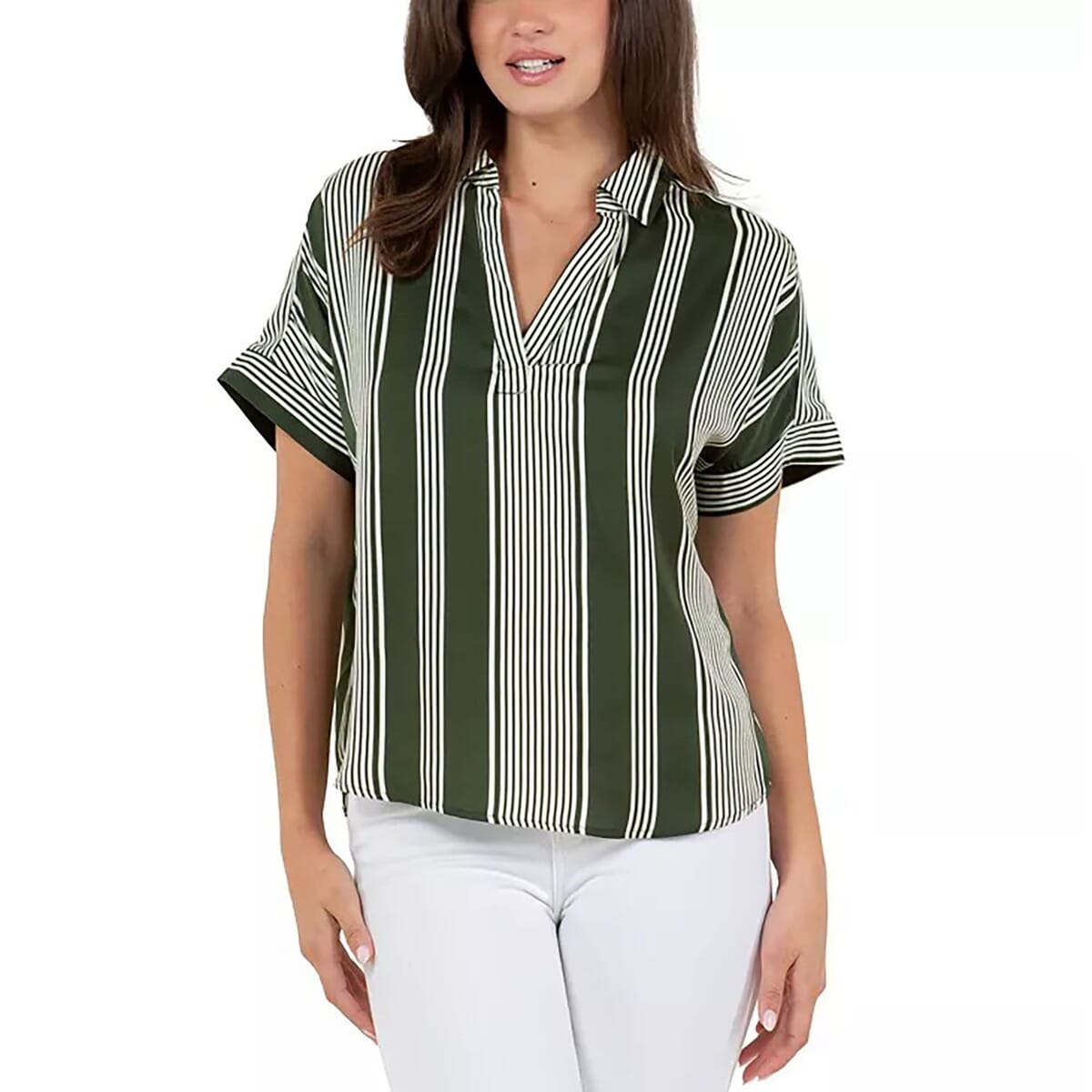 Fever Green Stripe Satin Like Top with Collar - M  image number 3