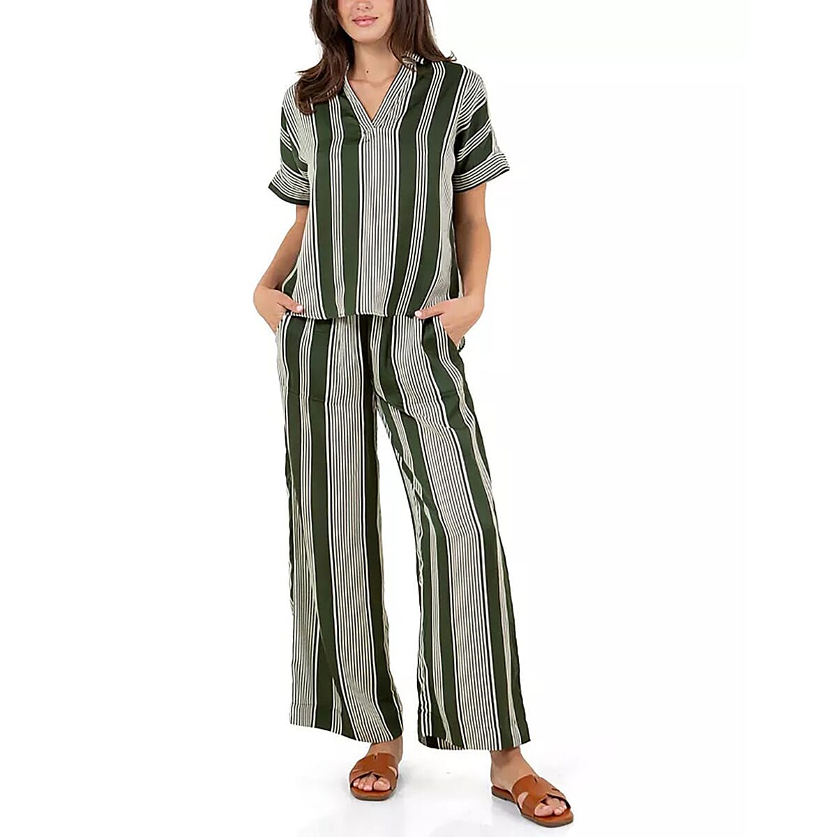 Fever Green Stripe Satin Like Top with Collar - L  image number 0