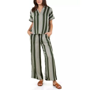 Fever Green Stripe Satin Like Top with Collar - L 