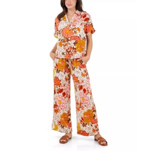 Fever Orange Floral Wide Leg Pant with Drawstring - S 