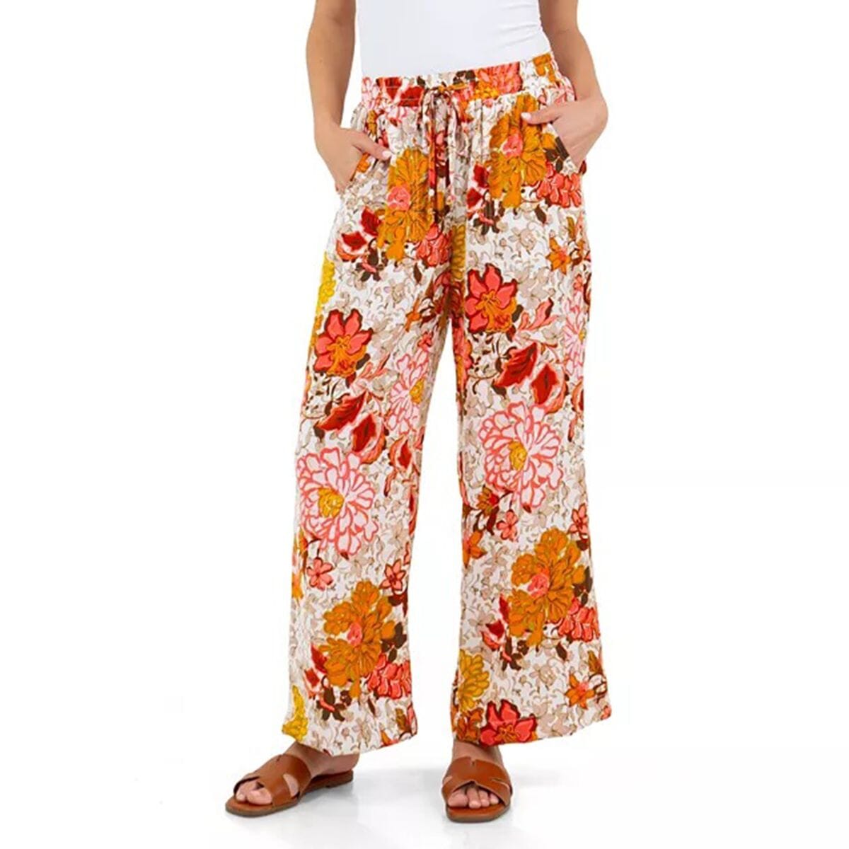 Fever Orange Floral Wide Leg Pant with Drawstring - M image number 3