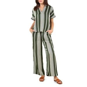 Fever Green Stripe Wide Leg Pant with Drawstring - L 