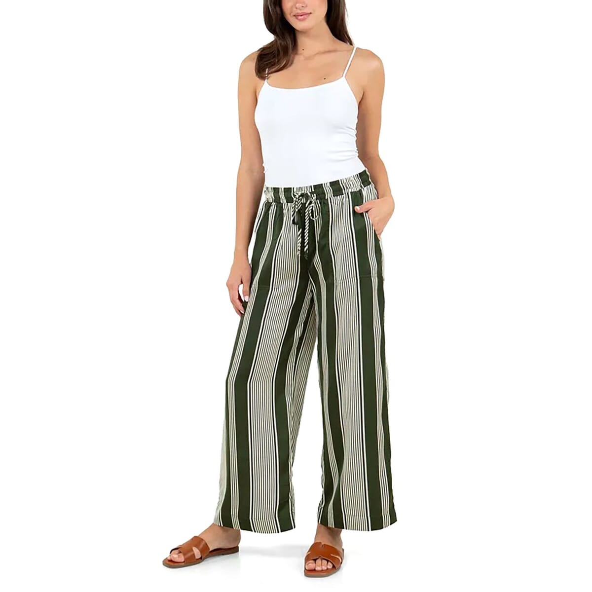 Fever Green Stripe Wide Leg Pant with Drawstring - L  image number 3