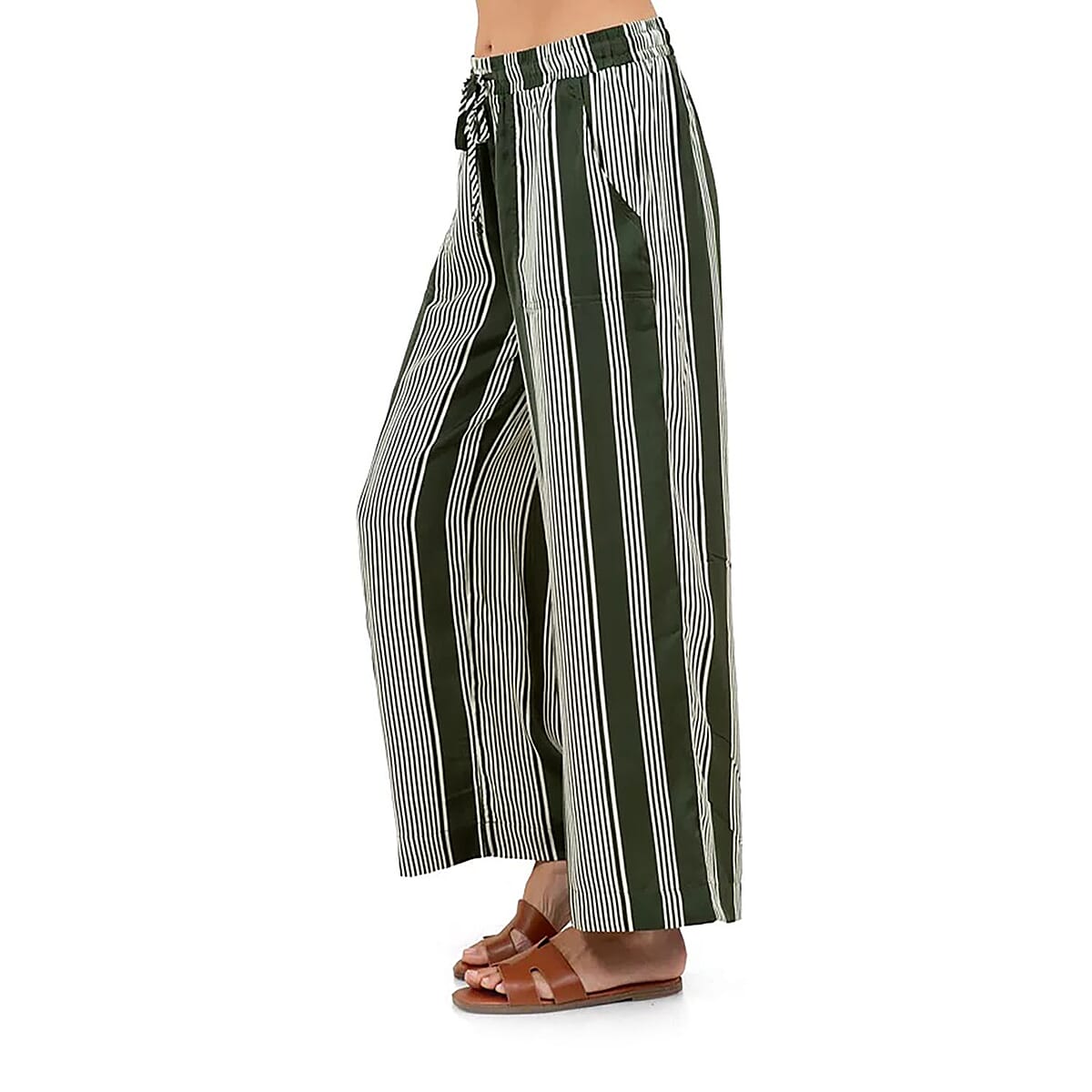 Fever Green Stripe Wide Leg Pant with Drawstring - XL  image number 2