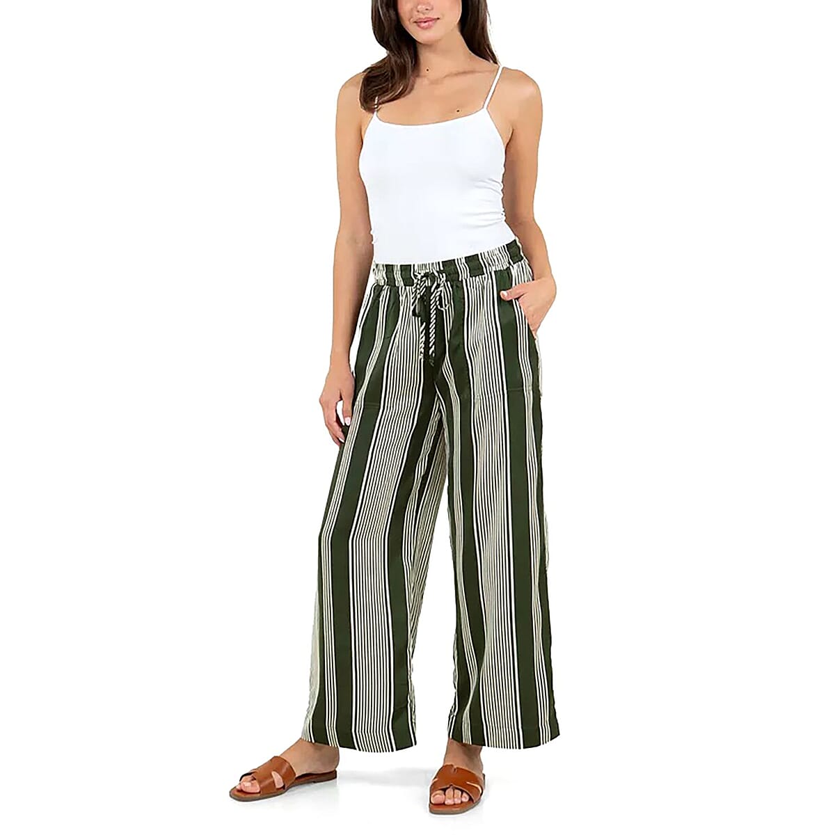 Fever Green Stripe Wide Leg Pant with Drawstring - XL  image number 3