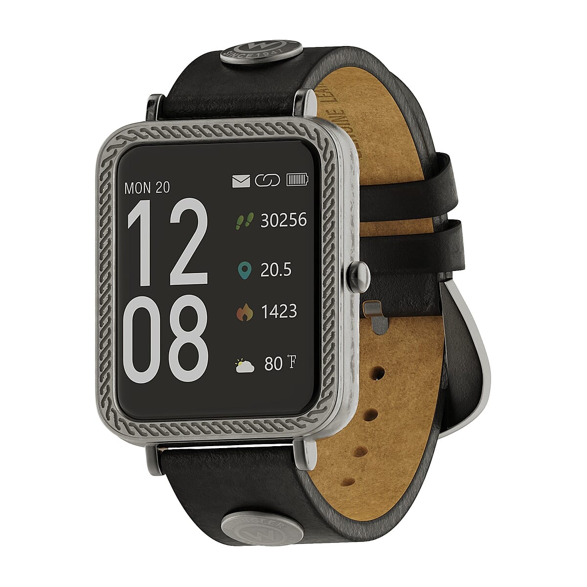 Closeout Wrangler Square Silvertone Smartwatch with Black Rivet Leather Strap image number 0