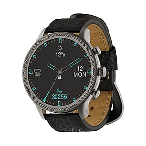 Wrangler Round Silvertone Smartwatch with Black Basketweave Leather Strap