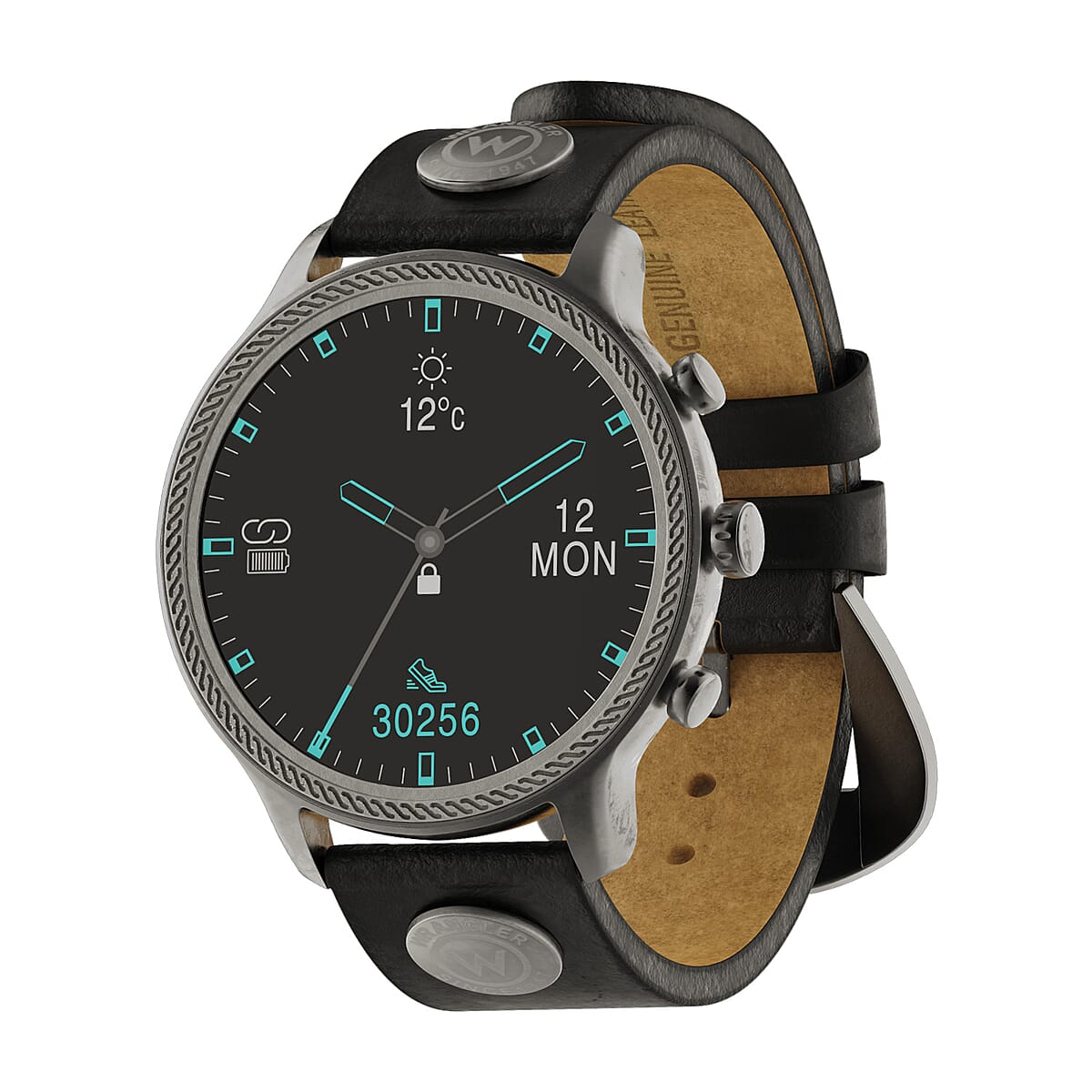 Wrangler Round Silvertone Smartwatch with Black Rivet Leather Strap image number 0