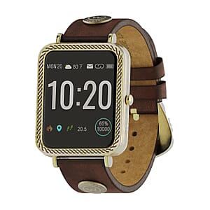 Closeout Wrangler Square Goldtone Smartwatch with Brown Rivet Leather Strap