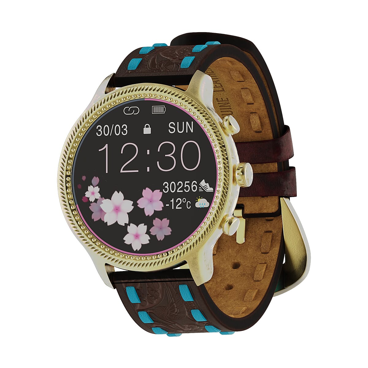 Wrangler Round Goldtone Smartwatch with Brown Buck & Teal Stitch Leather Strap image number 0
