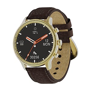 Wrangler Round Goldtone Smartwatch Brown Pebble Grain Leather Strap
