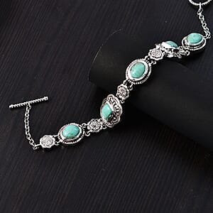 D'Joy Artisan Crafted Royston Turquoise 8.40 ctw Floral Bracelet in Sterling Silver (6.50-8.0In) 