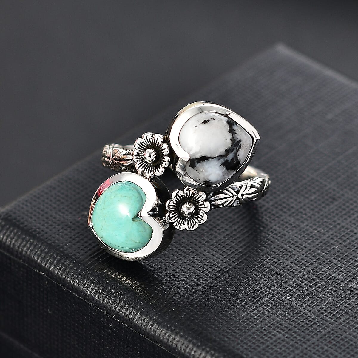 D'Joy Artisan Crafted Royston Turquoise and White Buffalo 5.00 ctw Heart Bypass Ring in Sterling Silver (Size 6.0) image number 1
