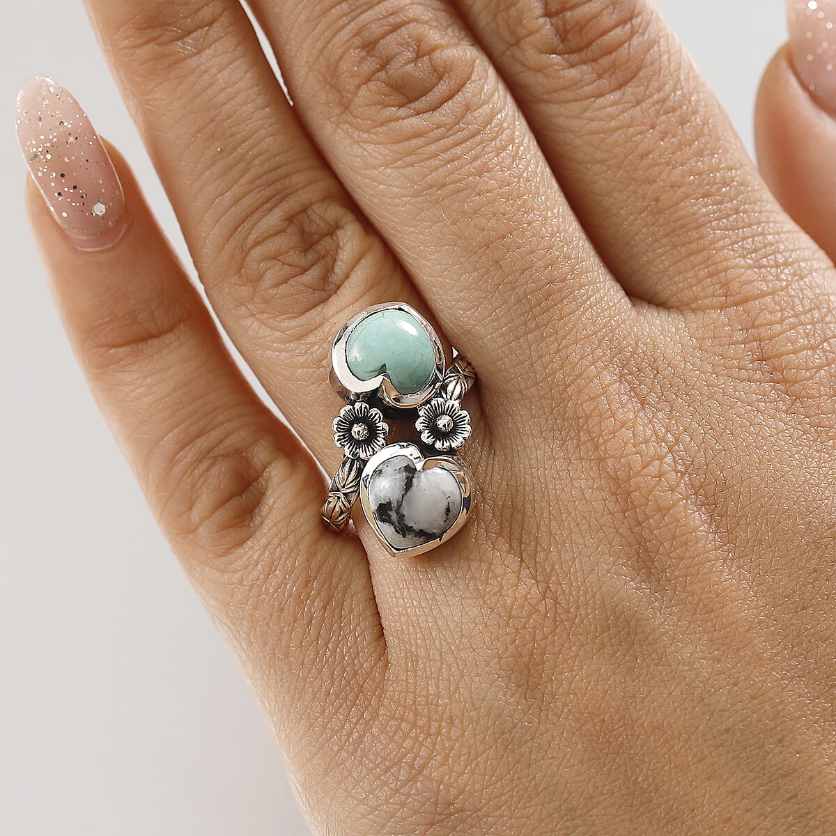 D'Joy Artisan Crafted Royston Turquoise and White Buffalo 5.00 ctw Heart Bypass Ring in Sterling Silver (Size 6.0) image number 2