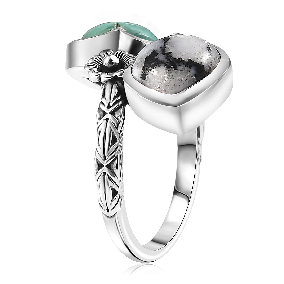 D'Joy Artisan Crafted Royston Turquoise and White Buffalo 5.00 ctw Heart Bypass Ring in Sterling Silver (Size 6.0) image number 3