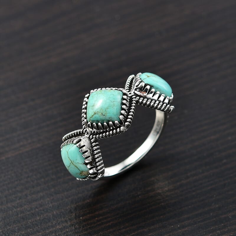 D'Joy Artisan Crafted Royston Turquoise 4.50 ctw 3 Stone Ring in Sterling Silver (Size 10.0)