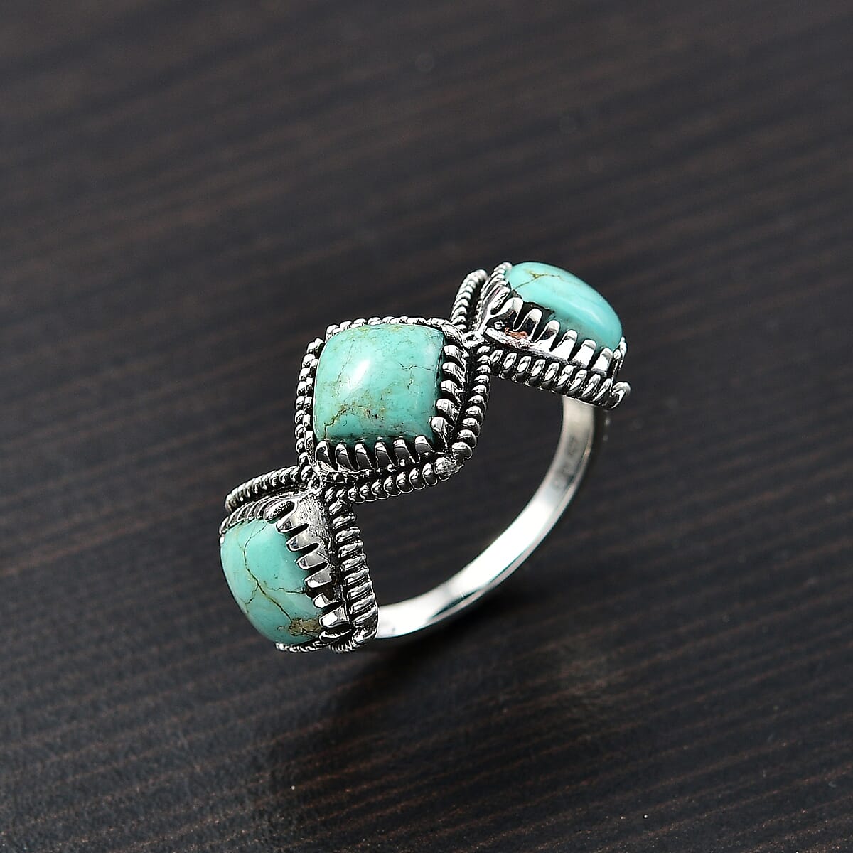 D'Joy Artisan Crafted Royston Turquoise 4.50 ctw 3 Stone Ring in Sterling Silver (Size 5.0) image number 1