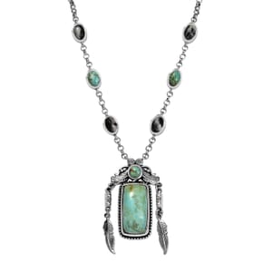 D'Joy Artisan Crafted Royston Turquoise and White Buffalo 13.15 ctw Feather Necklace in Sterling Silver 18 Inches