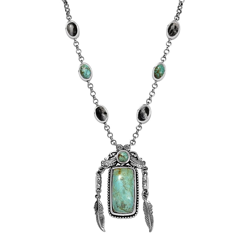 D'Joy Artisan Crafted Royston Turquoise and White Buffalo 13.15 ctw Feather Necklace in Sterling Silver 18 Inches