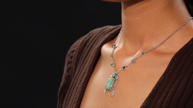 D'Joy Artisan Crafted Royston Turquoise and White Buffalo 13.15 ctw Feather Necklace in Sterling Silver 18 Inches