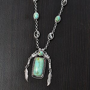 D'Joy Artisan Crafted Royston Turquoise and White Buffalo 13.15 ctw Feather Necklace in Sterling Silver 18 Inches