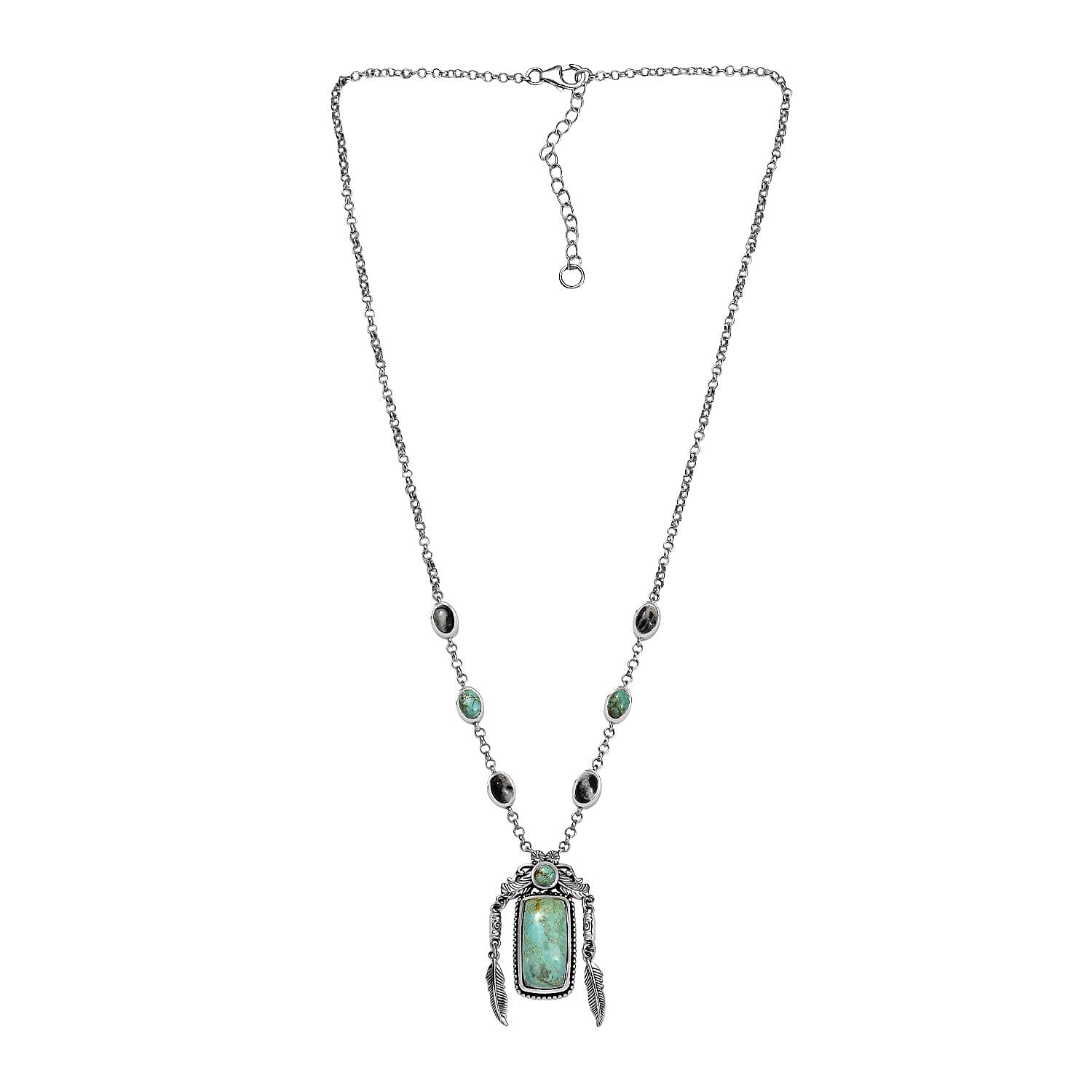 D'Joy Artisan Crafted Royston Turquoise and White Buffalo 13.15 ctw Feather Necklace in Sterling Silver 18 Inches