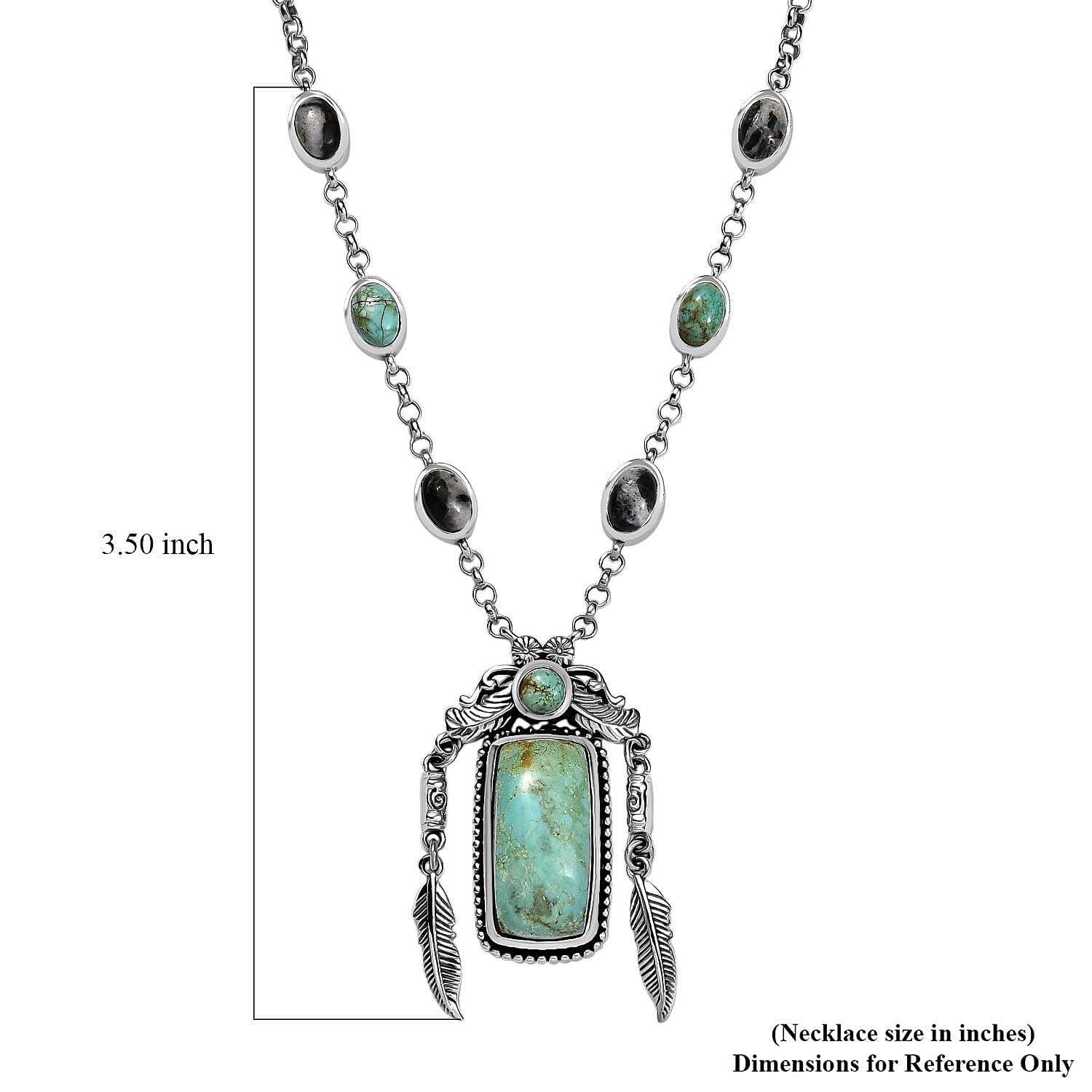D'Joy Artisan Crafted Royston Turquoise and White Buffalo 13.15 ctw Feather Necklace in Sterling Silver 18 Inches