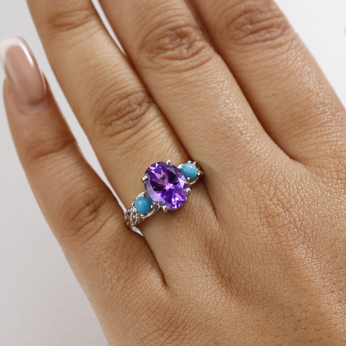 D'Joy Moroccan Rose and Sleeping Beauty Turquoise 3.90 ctw Mystic Harmony Ring in Platinum Over Sterling Silver (Size 5.0) image number 2