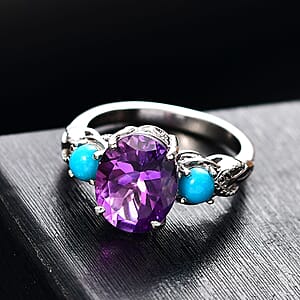 D'Joy Moroccan Rose and Sleeping Beauty Turquoise 3.90 ctw Mystic Harmony Ring in Platinum Over Sterling Silver (Size 9.0)