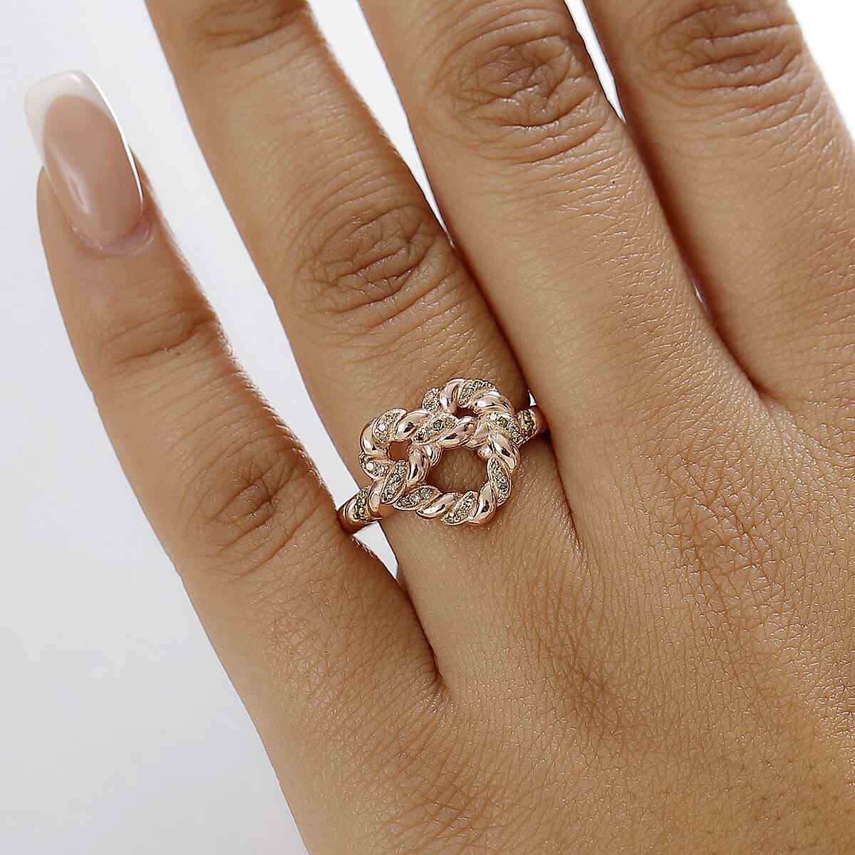 GP Amore Collection Natural Champagne Diamond 0.20 ctw Love Knot Ring in 18K Vermeil Rose Gold Over Sterling Silver (Size 10.0) image number 2