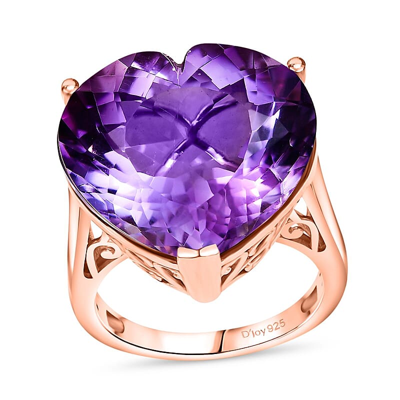 D'Joy AAA Rose De France Amethyst 25.00 ctw Heart Ring in 18K Vermeil Rose Gold Over Sterling Silver (Size 10.0)
